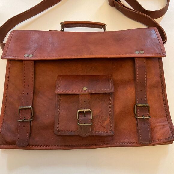 Cognac Leather Briefcase Messinger Bag Satchel Crossbody Laptopcase - Picture 5 of 12